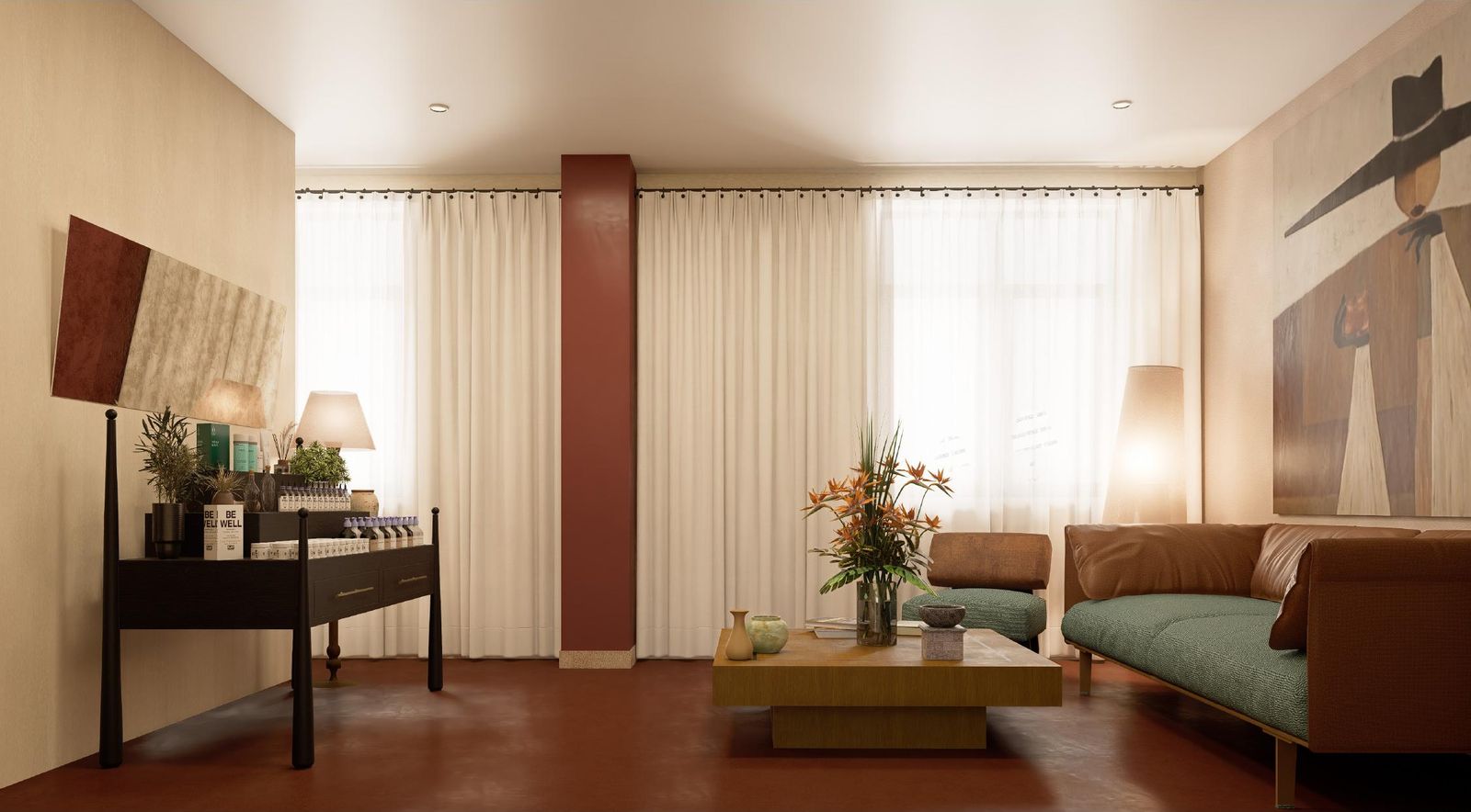 The Haven living room with oxblood floor and cream curtains