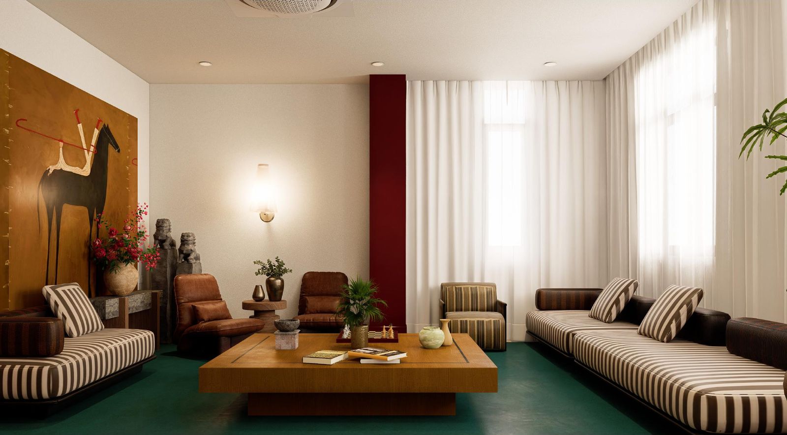 The Haven lounge, with striped seating and a jade floor