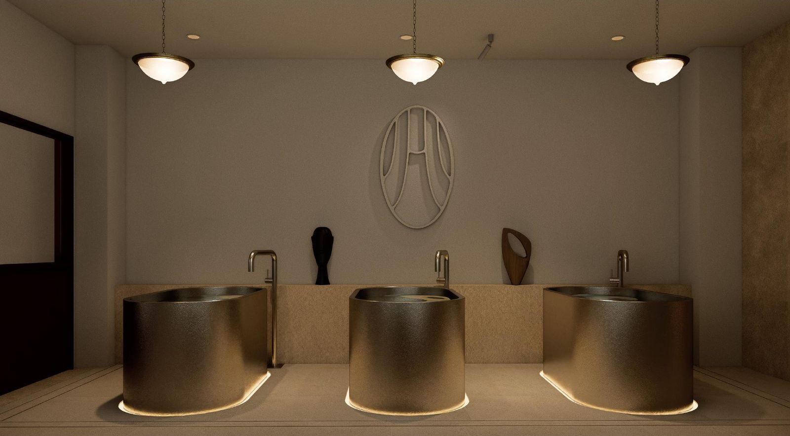 Three brass cold plunge tubs under warm pendant light