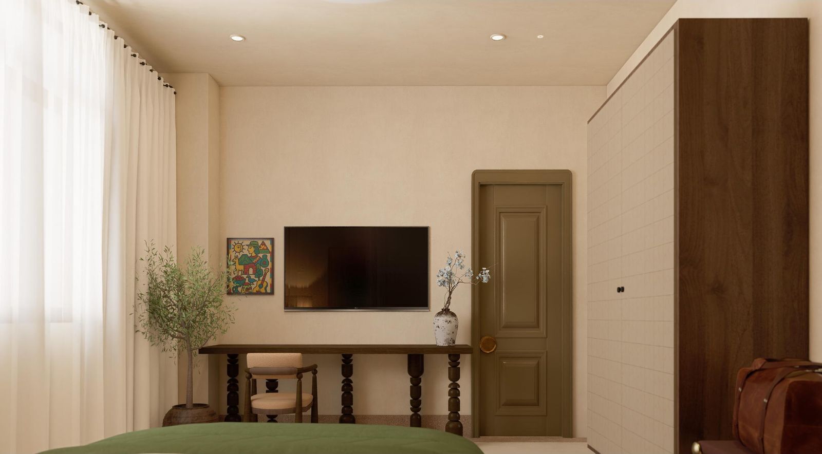 A guest room with olive joinery and oak wardrobe